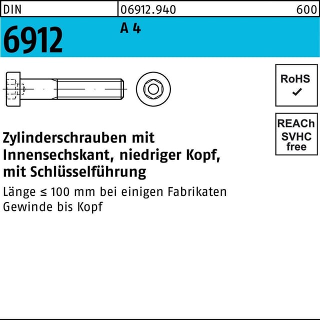 DIN 6912 Zylinderkopf-Schaftschraube niedrige Form M8x40 Edelstahl A4 blank ISK 100 Stk