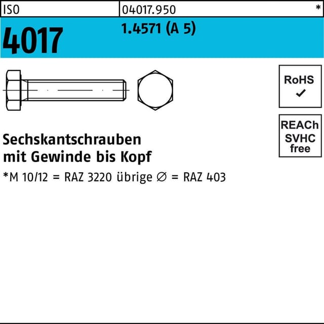 Sechskantschraube ISO 4017 VG M 10 x 30 A 5