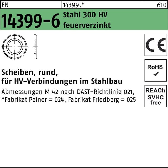 Peiner - Scheibe en 14399-6 rund 12 (13x24x3) 300 hv feuerverzinkt geschmiert