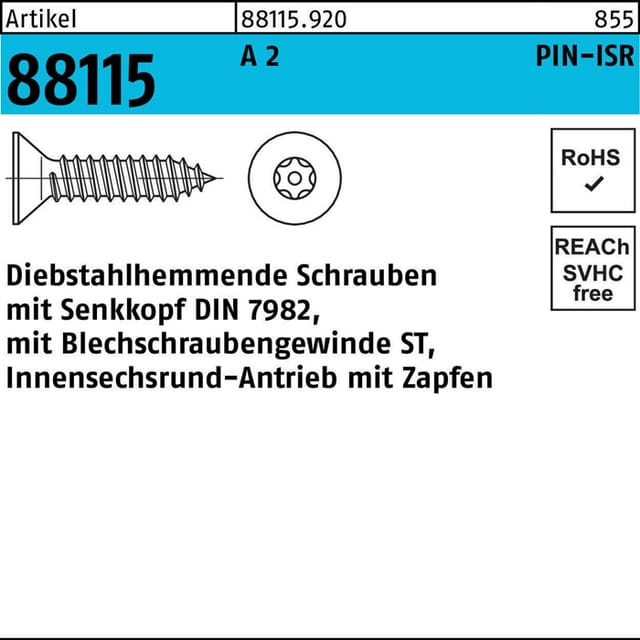 Schraube R 88115 diebstahlh. Seko ISR Zapfen 3,5 x 25 A 2