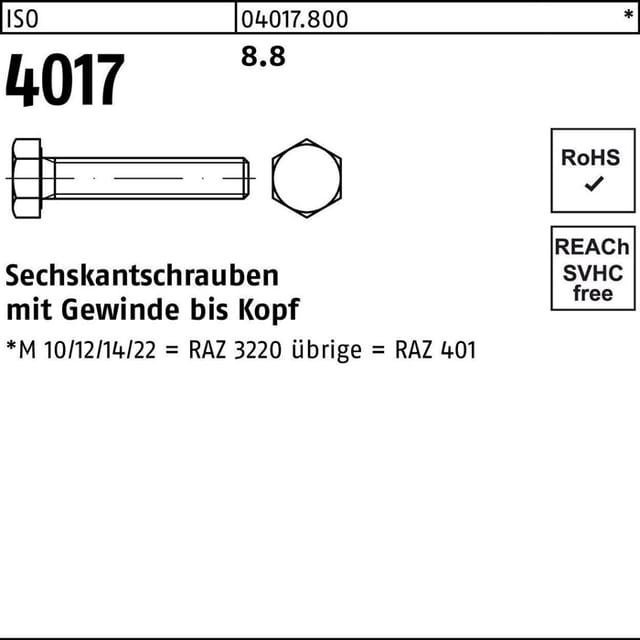 Sechskantschraube ISO 4017 VG M 14 x 150 8.8