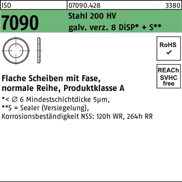 Unterlegscheibe ISO 7090 m.Fase 10 Stahl 200 HV galv. verz.+S