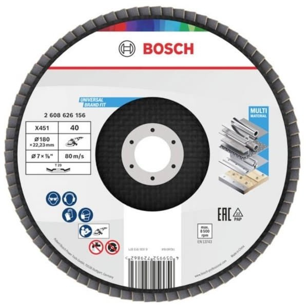 Bosch X451 Fächerschleifscheibe, 180 X 22,23 Mm, K40, Z29, 15-tlg
