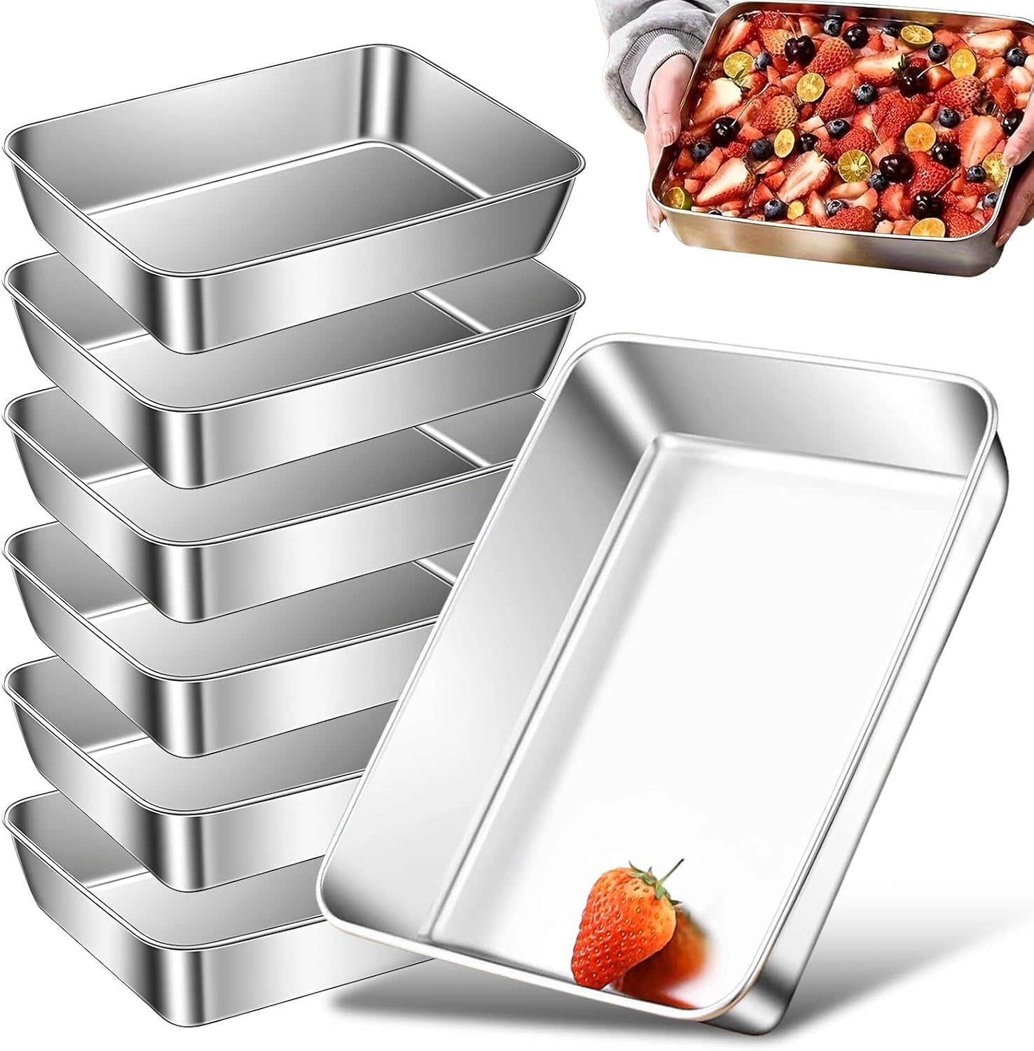 Set Mit 6 Rechteckigen Edelstahlblechen, 25,5 X 20 X 5,5 Cm, Stapelbar, Für Gebäck Und Gratins