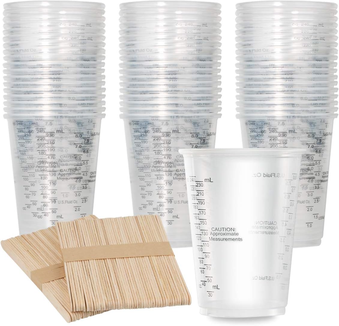 100 Graduierte, Durchsichtige Messbecher Aus Kunststoff À 240 Ml (8 Oz) Mit 100 Holzrührstäbchen Zum Mischen Von Farben