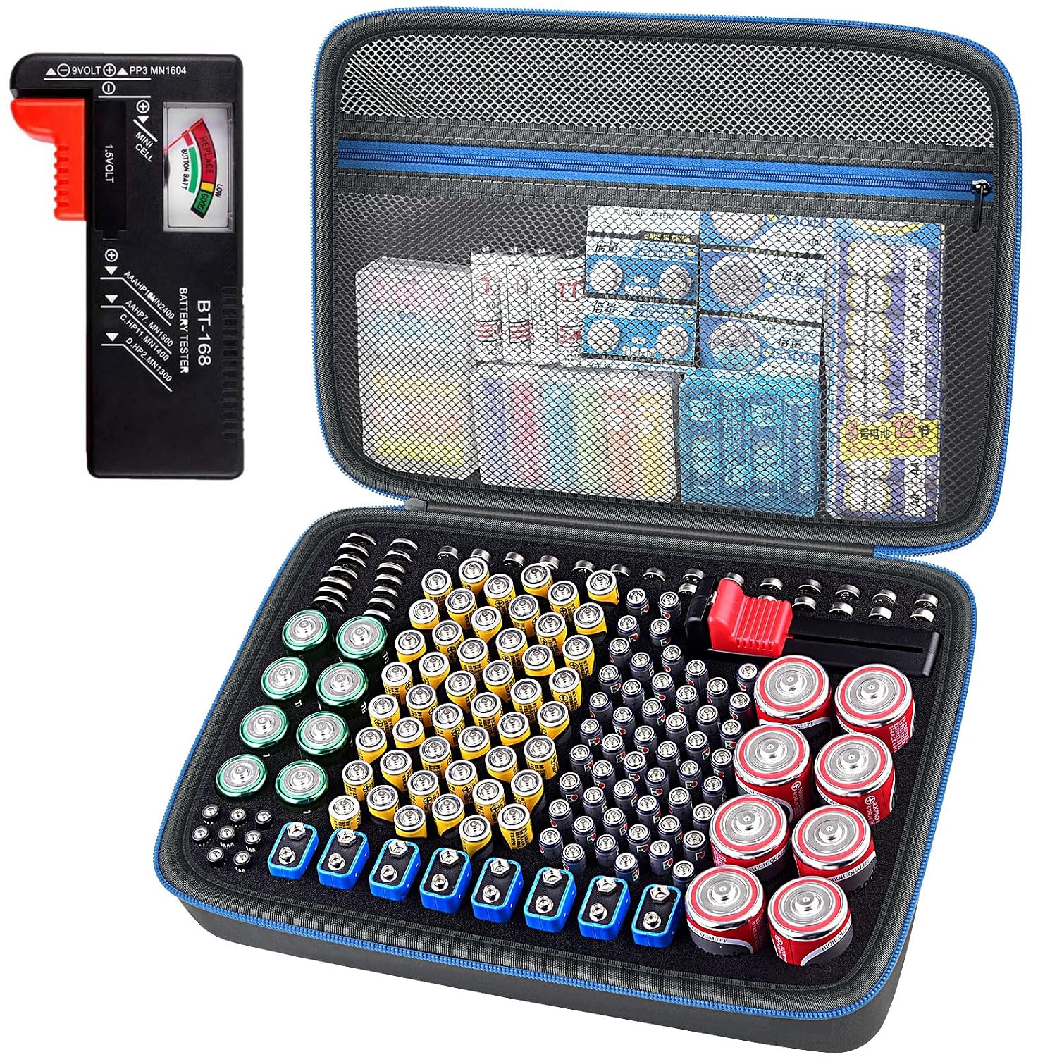 Batterie-organizer-aufbewahrungsbox Mit Tester Bt-168. Fassungsvermögen: 225 Batterien (aa, Aaa, Cd, Cell, 9v, 3v Lithium) (blau)