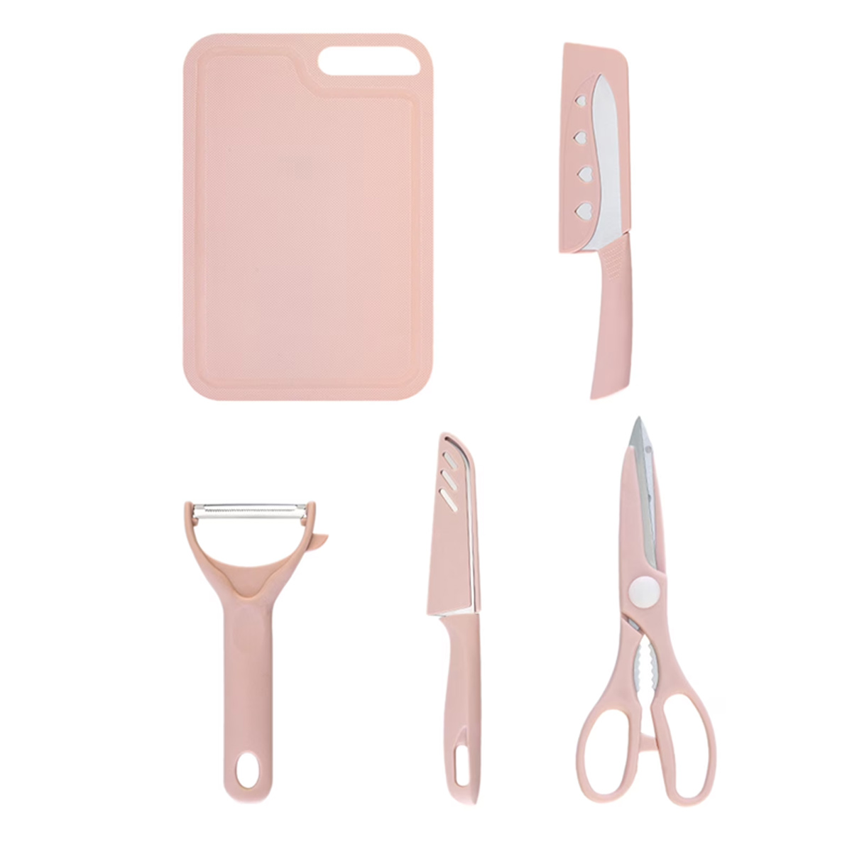 Rosa Küchenutensilien-set Mit Schneidebrett, Messern Und Schere Für Die Effiziente Zubereitung Von Speisen.