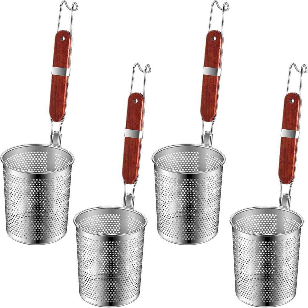 Set Aus 4 Nudelkörben Aus Edelstahl Mit Holzgriffen, Spinnenförmigem Nudelsieb, Schaumlöffel Und Weizenkorb