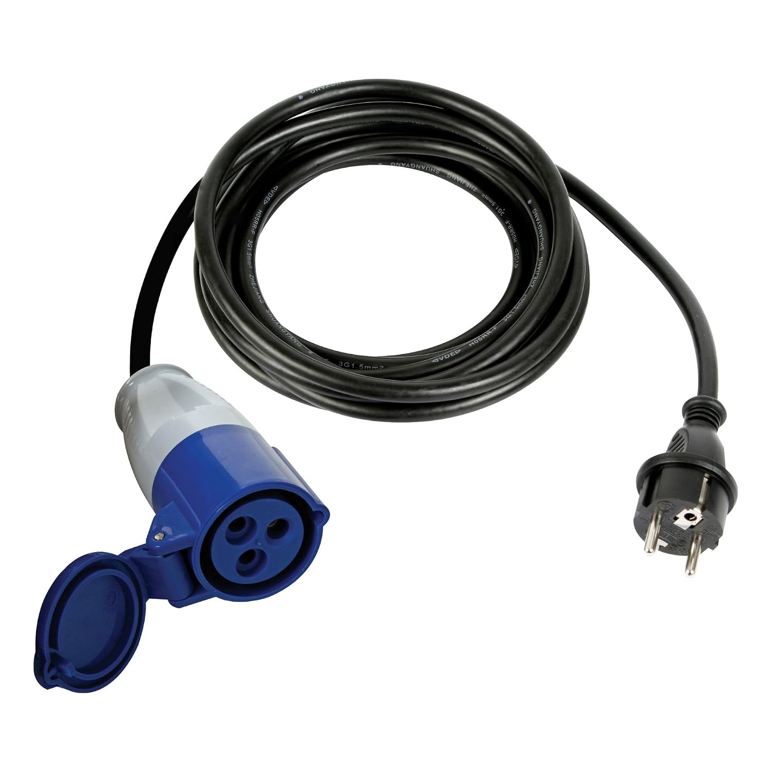Adapterkabel, H07rn-f 3g2.5, Typ-e/f-stecker Auf Cee, Für Innen- Und Außenbereich, Blaues Gummi