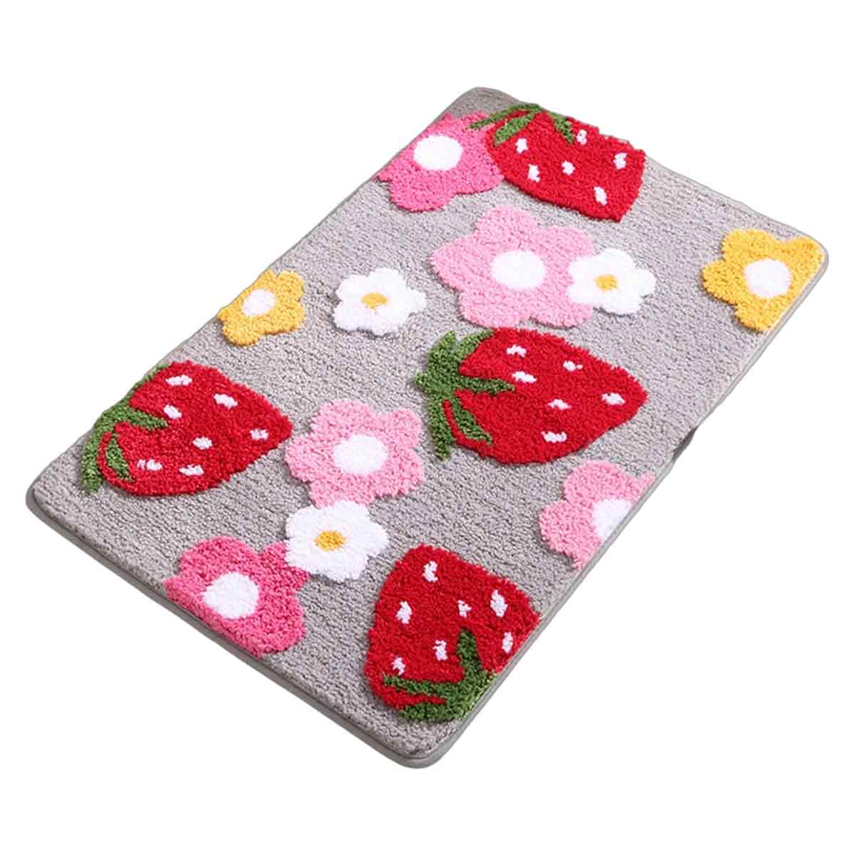 Weiche Und Bequeme Badematte Mit Erdbeermuster, Rutschfest Und Flauschig, Für Badezimmer, Schlafzimmer, Eingangsbereich – 40 X 60 Cm, Grau