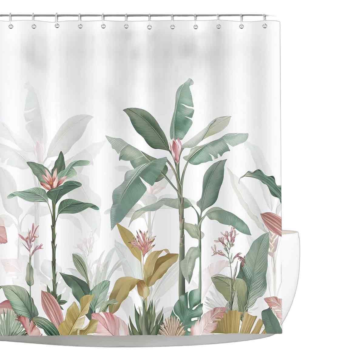 Wasserdichter Duschvorhang Aus Polyestergewebe Mit 12 Haken. Rosa-grünes Palmen- Und Bananenblattmuster. 183 X 183 Cm
