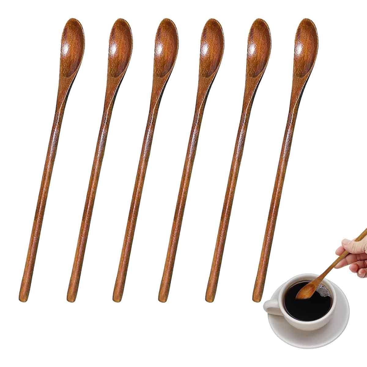 Set Mit 6 Langen Naturholzlöffeln Für Honig, Kaffee, Tee Und Andere Getränke