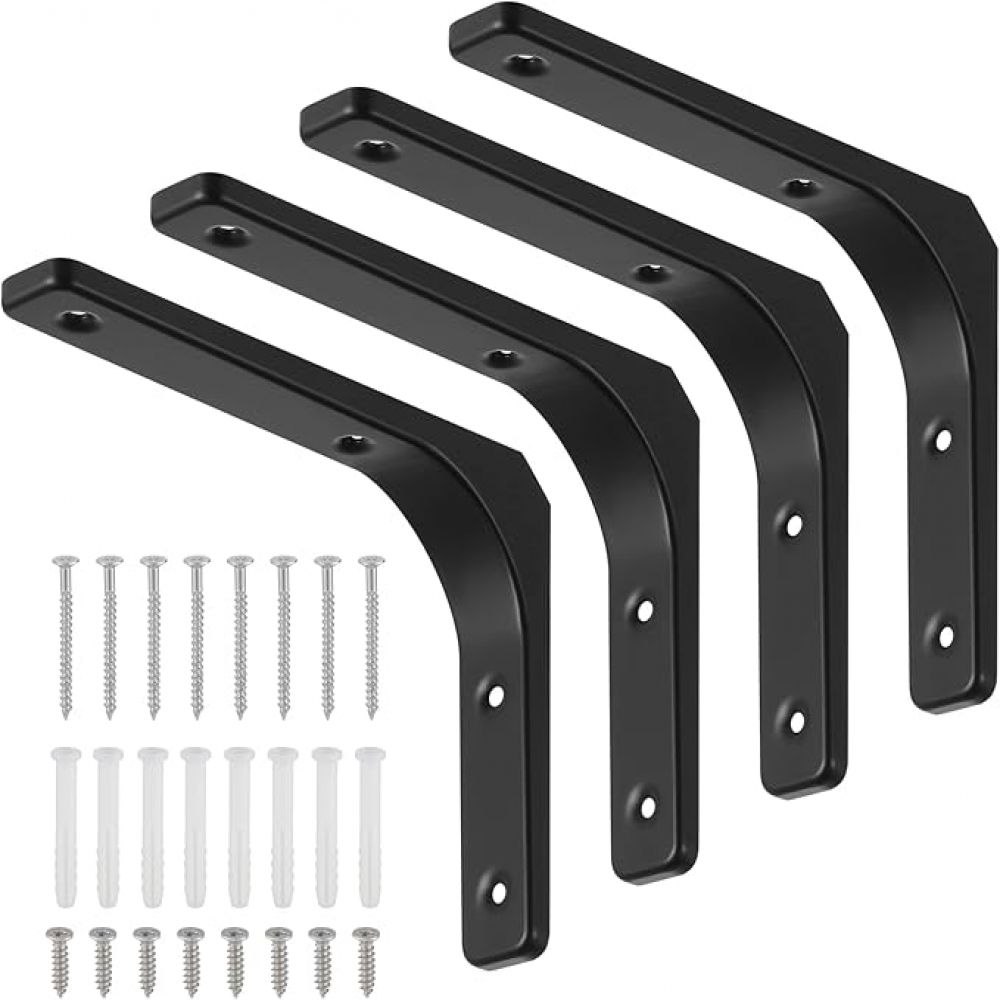 Dreieckige Edelstahlhalterung (regalträger) – Schwarz, 8 Zoll – Gebogenes Design (200 X 150 X 30 Mm) – Inkl. Dübel Und Schrauben