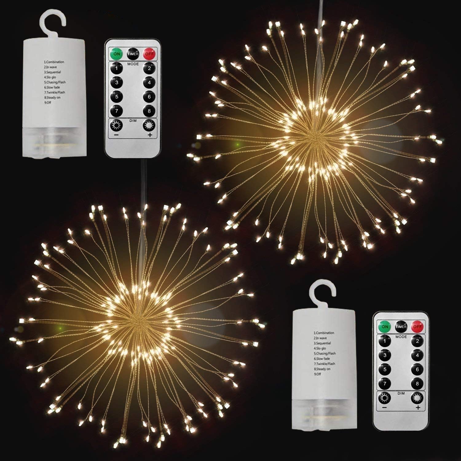 Set Mit 2 Sternförmigen Lichterketten Zum Aufhängen, 90 Leds, 8 Beleuchtungsmodi, Wasserdicht, Batteriebetrieben Mit Fernbedienung