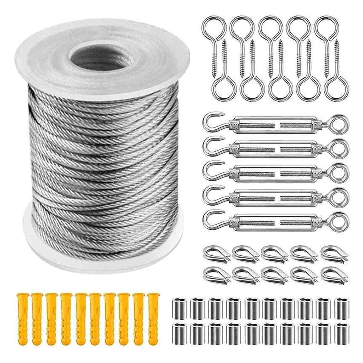 Cable Inox Kit, 30 M Stahlseil Mit 2 Mm Außenmantel + Einschraubbolzen + Cable Inox Spannvorrichtung + Schrauben, Pvc-beschichtete Stahlseilaufhängung
