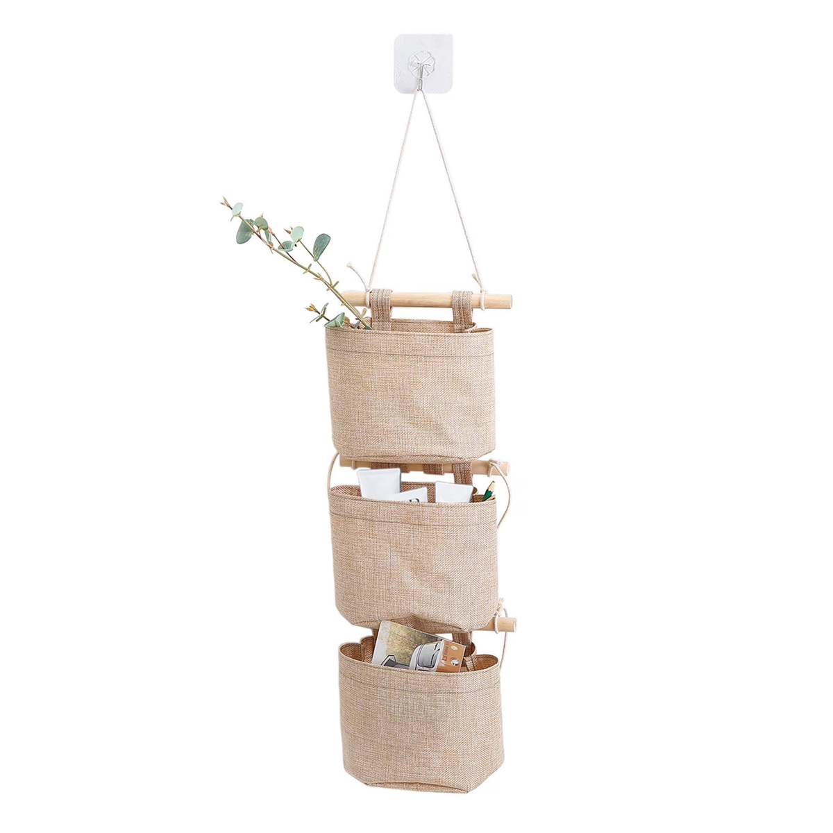 Mini-aufbewahrungstasche Zum Aufhängen Aus Baumwolle Und Leinen Mit 3 Fächern, Türhänger Für Kleiderschrank/badezimmer (khaki)