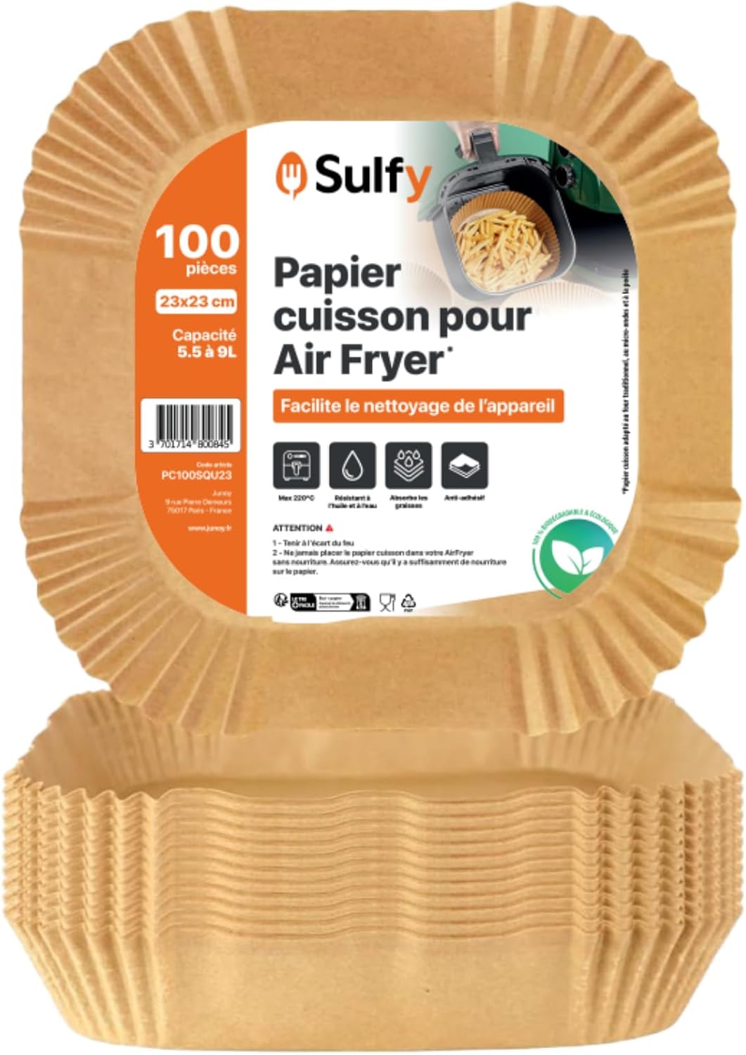 100 Backpapiere, Quadratisch 23x23 Cm, Antihaftbeschichtet, Für Heißluftfritteusen 5-9 Liter