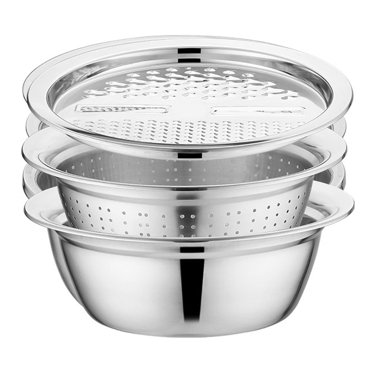 Multifunktionale Edelstahlschüssel Mit Integrierter Reibe – 3-in-1 Gemüseschneider, Hobel, Sieb Und Abtropfkorb
