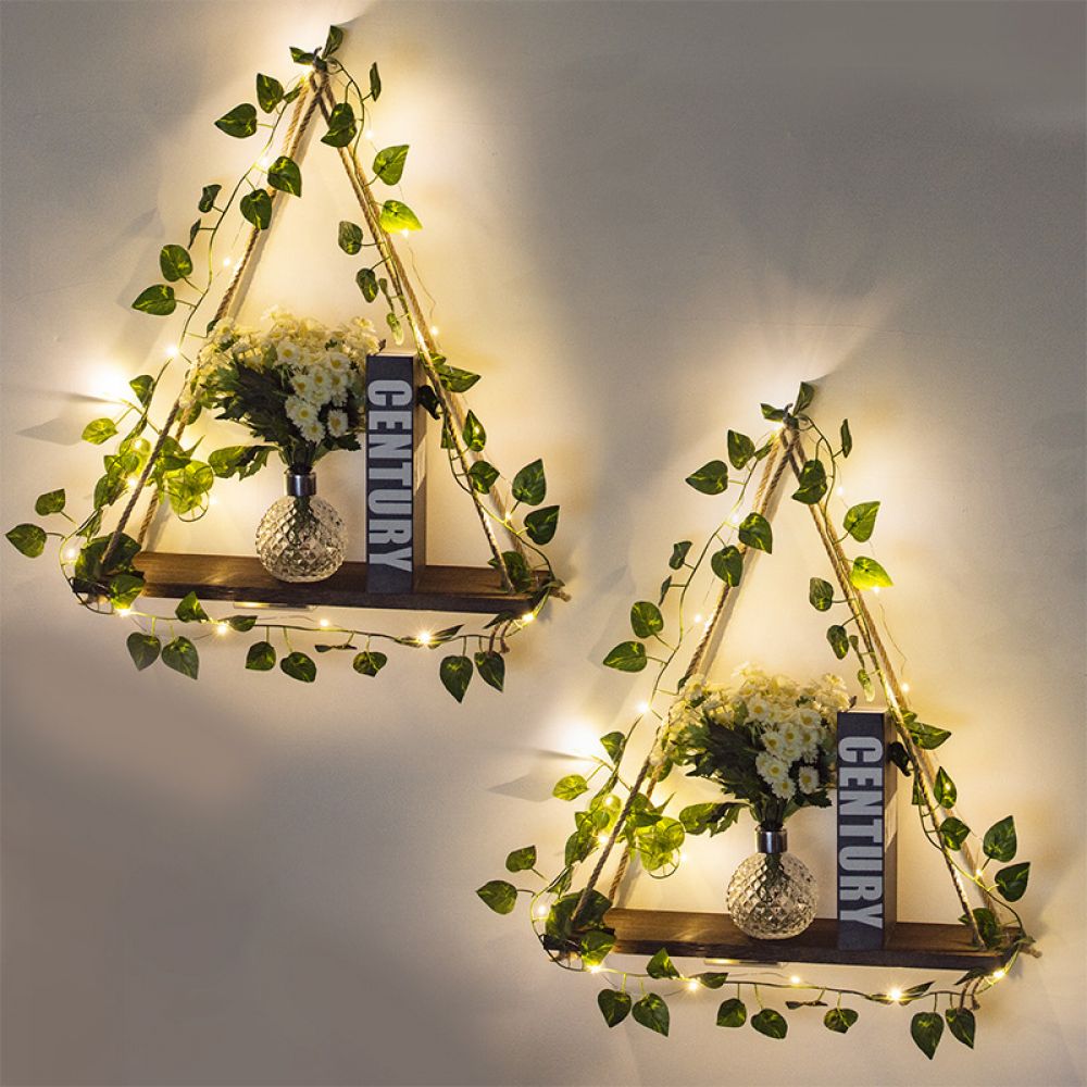 Set Aus 2 Hängenden Makramee-regalen Mit Künstlichem Efeu, Led-streifen, Schwebendem Wandregal Aus Holz, Makramee-wanddekoration Im Bohème-stil