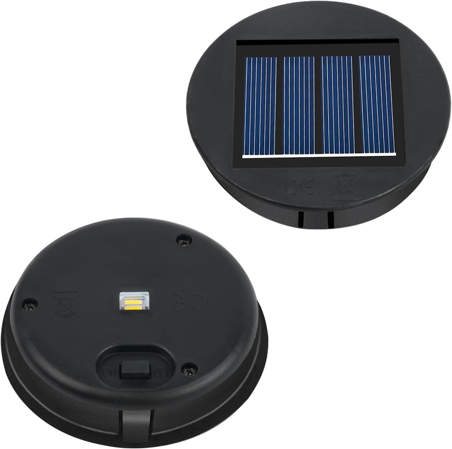 Set Aus 2 Runden Solar-gartenleuchten Und 8 Cm Großen Flächenleuchten Mit Batteriefach