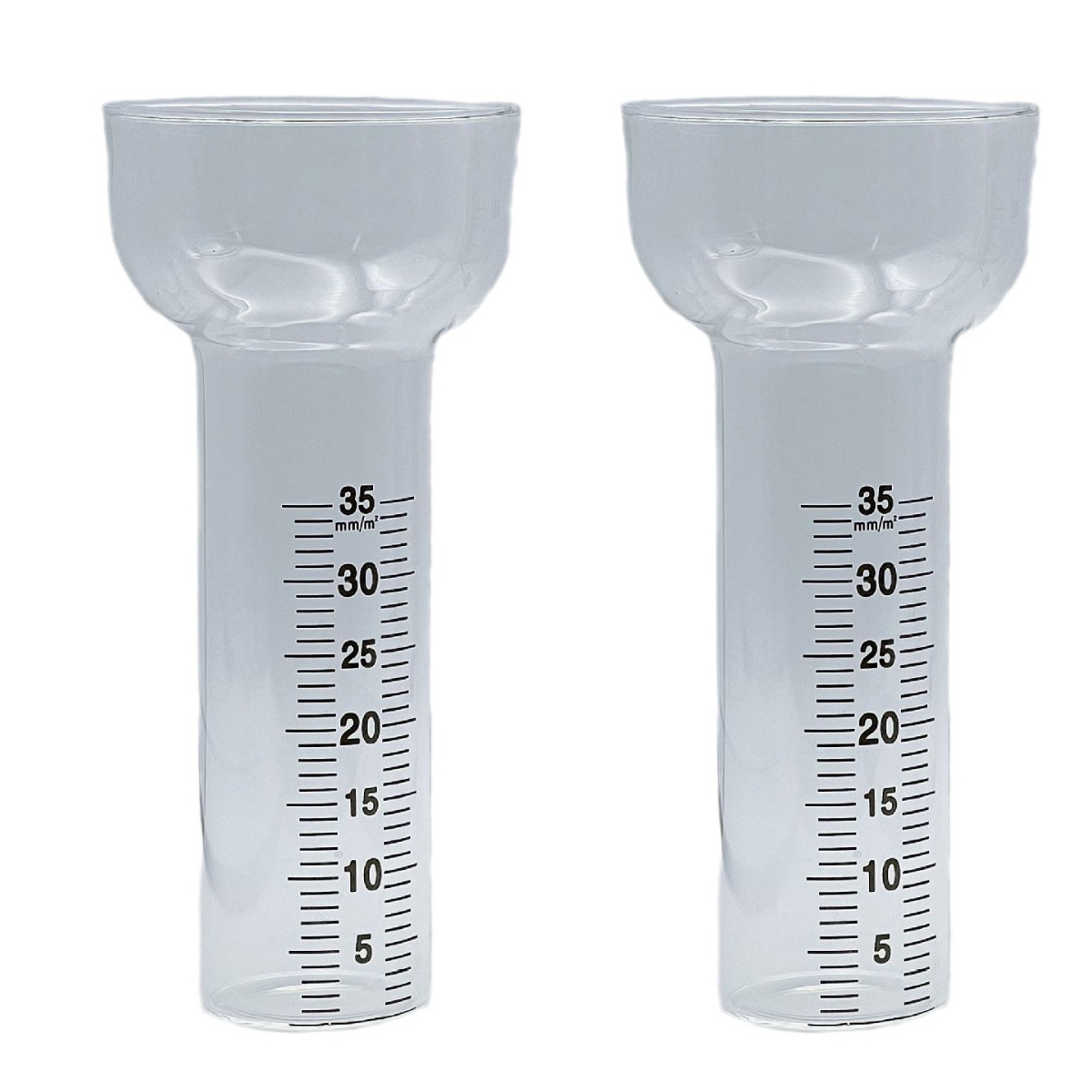 Set Mit 2 Ersatz-regenmessern Aus Glas Für Messungen Von 1 Bis 35 Mm, Trichterförmig, Zur Anzeige.