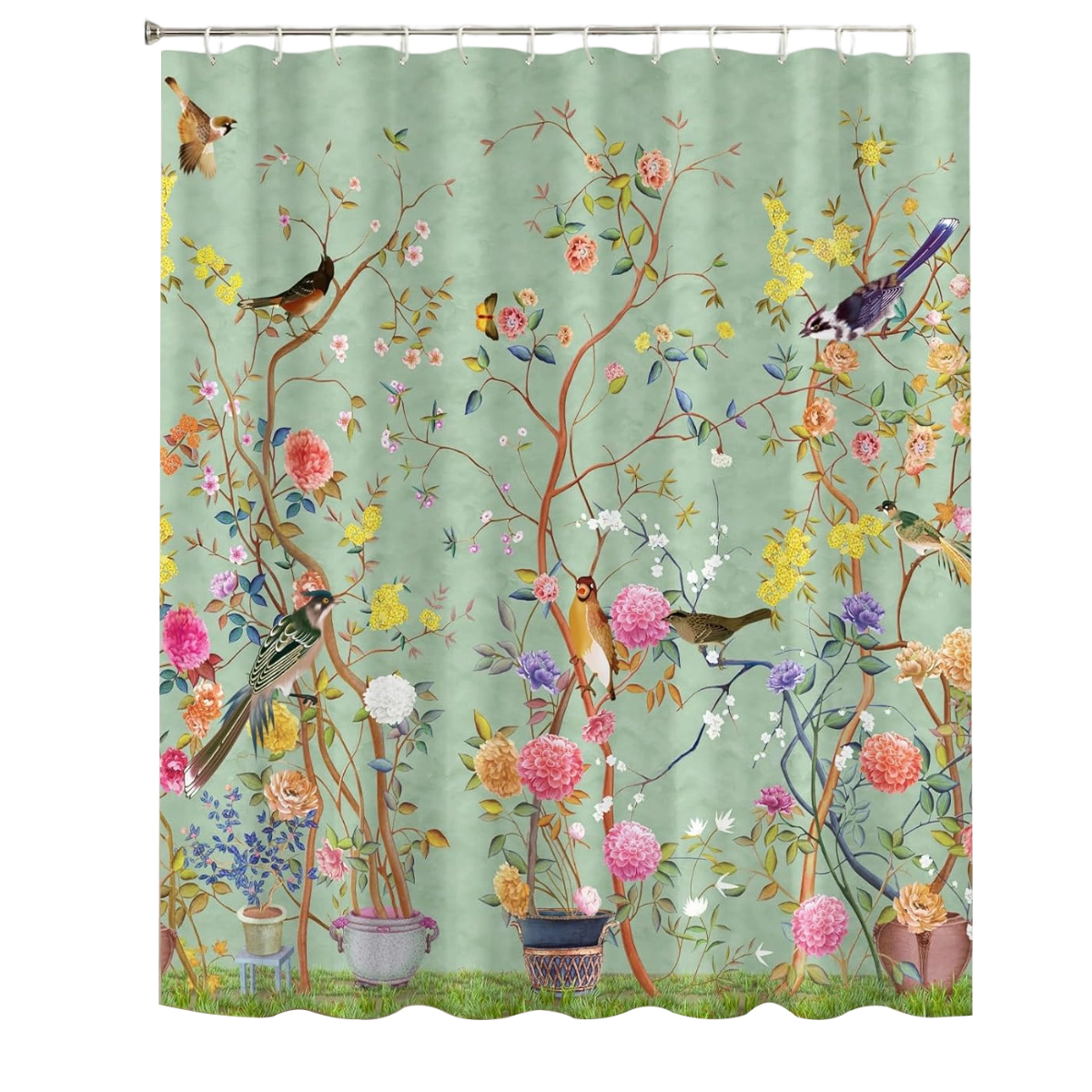 Duschvorhang 180 X 180 Cm Mit Blumen- Und Vogelmuster, Waschbares Polyestergewebe, Wasserdicht, Mit 12 Haken