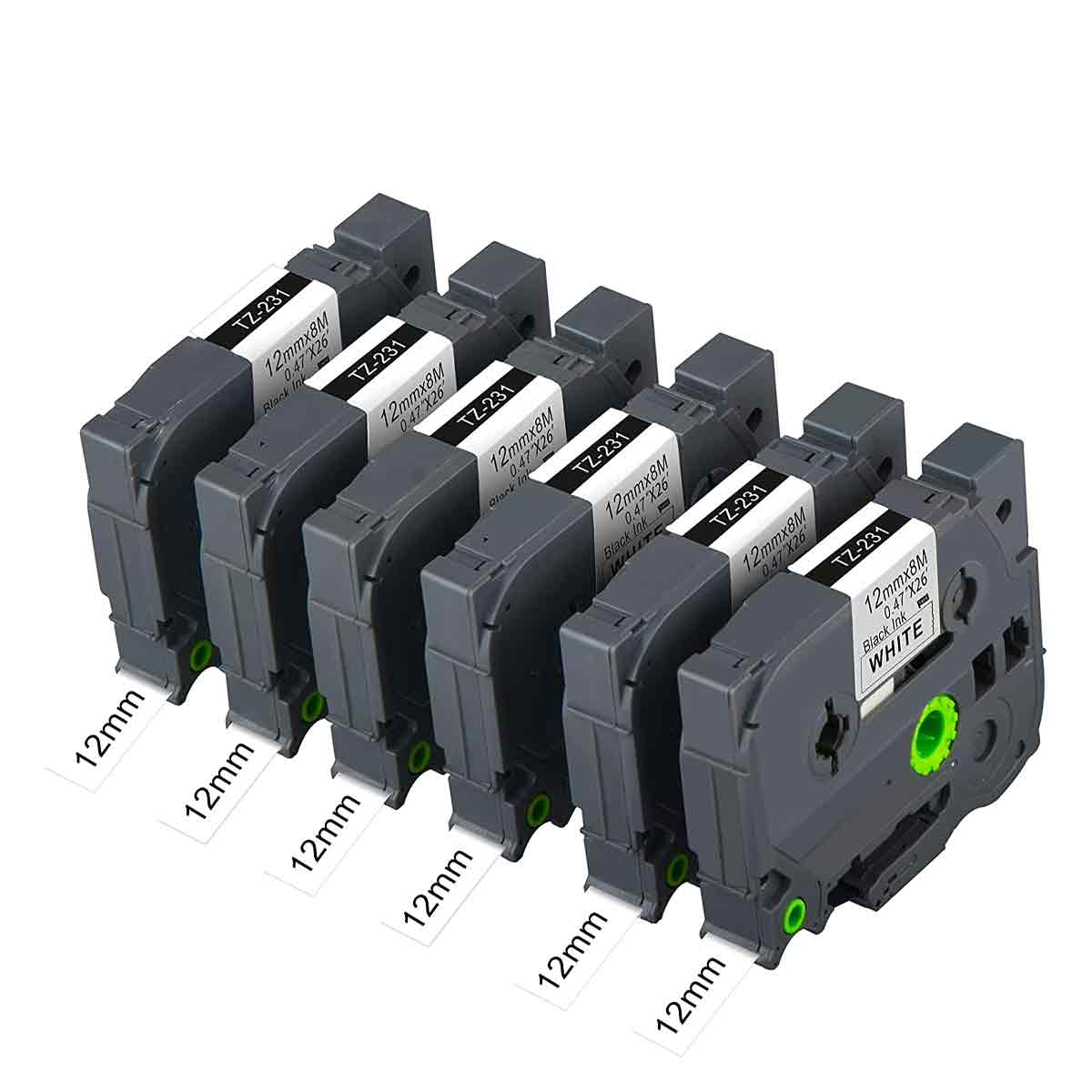 Packung Mit 6 Etikettenbändern Für Tze-231 P-touch 1/2" X 26,2 Ft (12 Mm X 8 M) Schwarz Auf Weiß Kompatibel Mit Bro Pt-1010,
