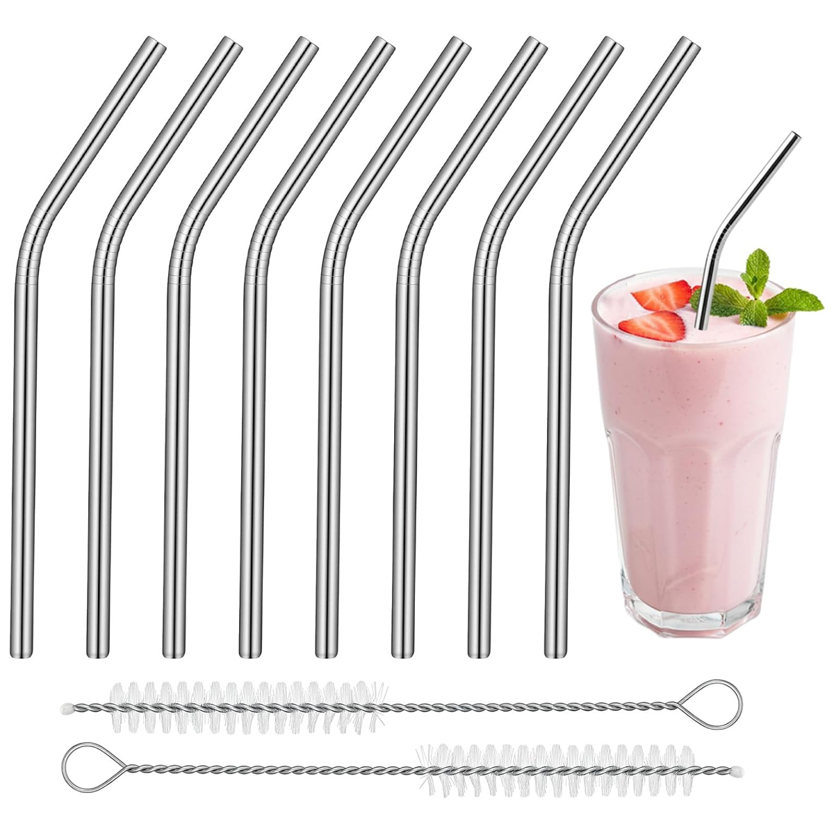Set Mit 8 Zusammenklappbaren Edelstahlstrohhalmen (15,5 Cm) Mit 2 Reinigungsbürsten, Für Säfte, Cocktails Und Kaffee