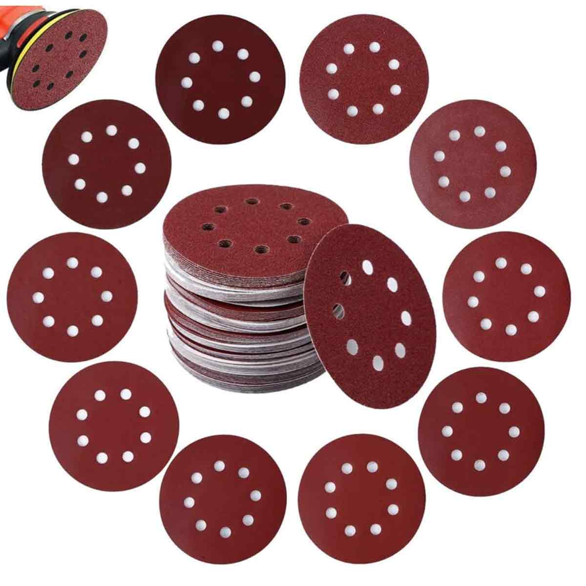 Schleifscheiben, 125 Stück, 125 Mm Schleifscheiben Mit 8 Löchern, Körnung 60, 80, 100, 120, 240 Zum Polieren, Entgraten Und Feinbearbeiten