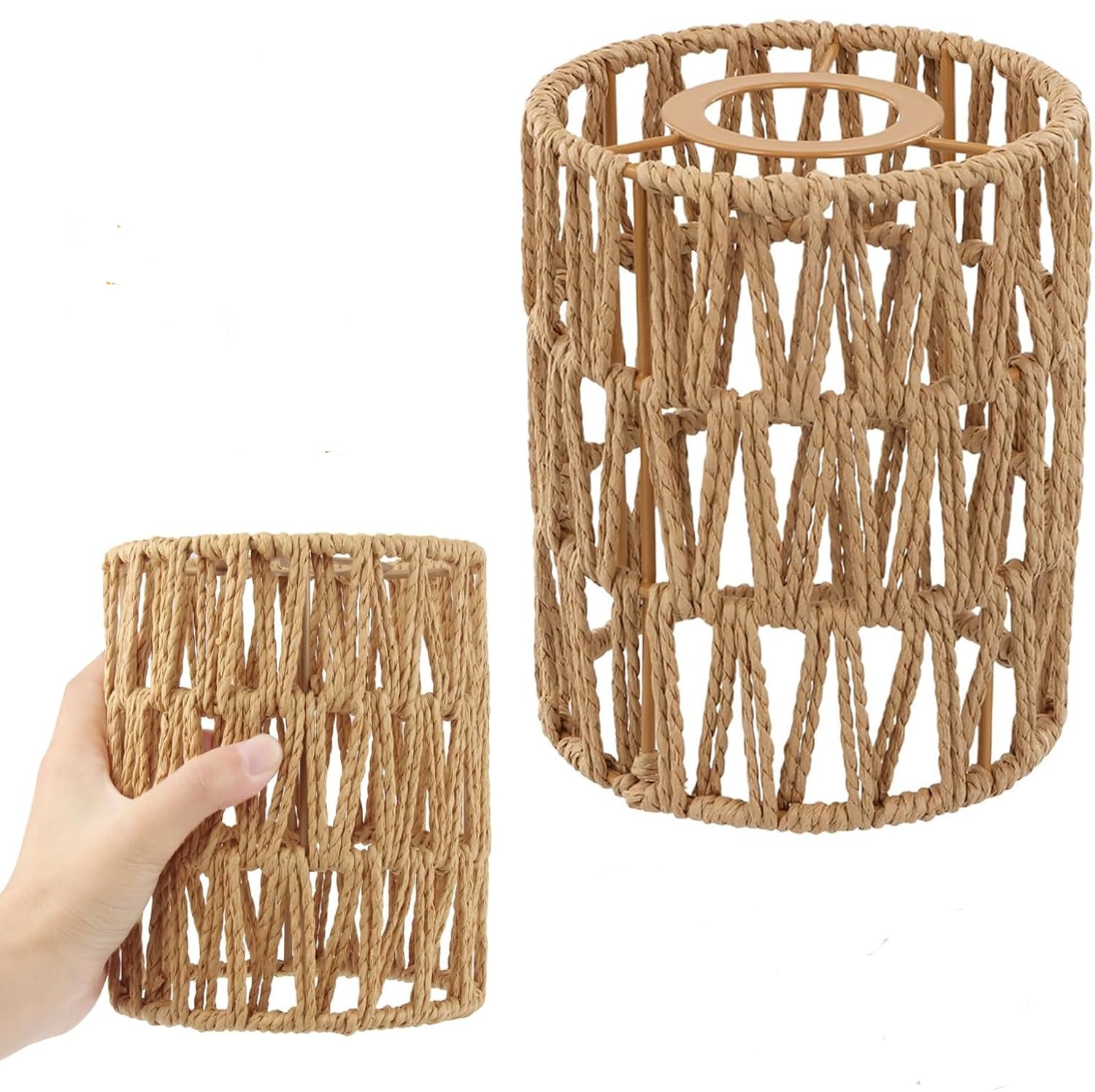 Set Mit 2 Rattan-lampenschirmen, Adapterring, Papierdraht, Metall, E27 E14, Wohnzimmer Schlafzimmer