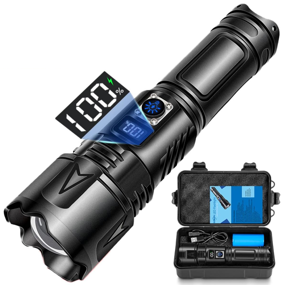 Extrem Leistungsstarke Taschenlampe, Usb-c-wiederaufladbar, 100.000 Lumen Led-taschenlampe, Ip65 Wasserdicht, Taktische Taschenlampe, 5 Modi, Zoombar