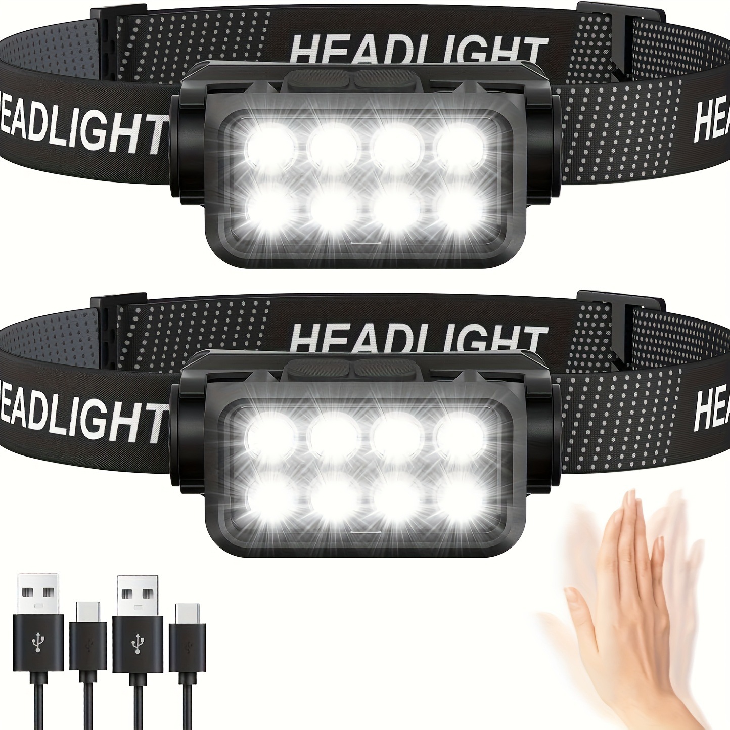 2er-pack Wiederaufladbare Led-stirnlampen – Superhell – 600 Lumen – 5 Leuchtmodi – Leicht – Ipx6 – Wasserdicht – Sensor
