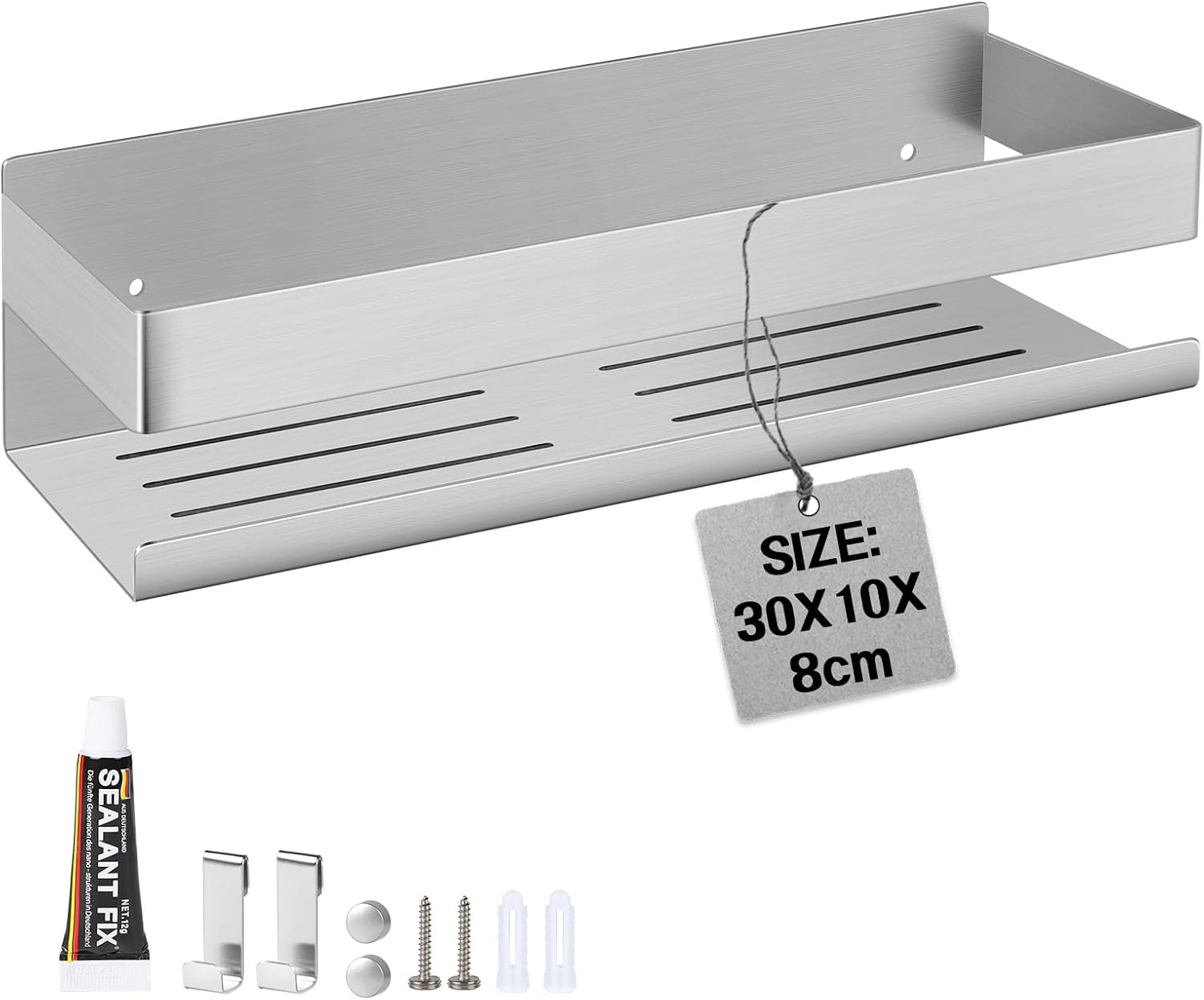 30 Cm Duschablage, Edelstahl, 2 Haken, Badezimmeraufbewahrung, Kein Bohren Erforderlich