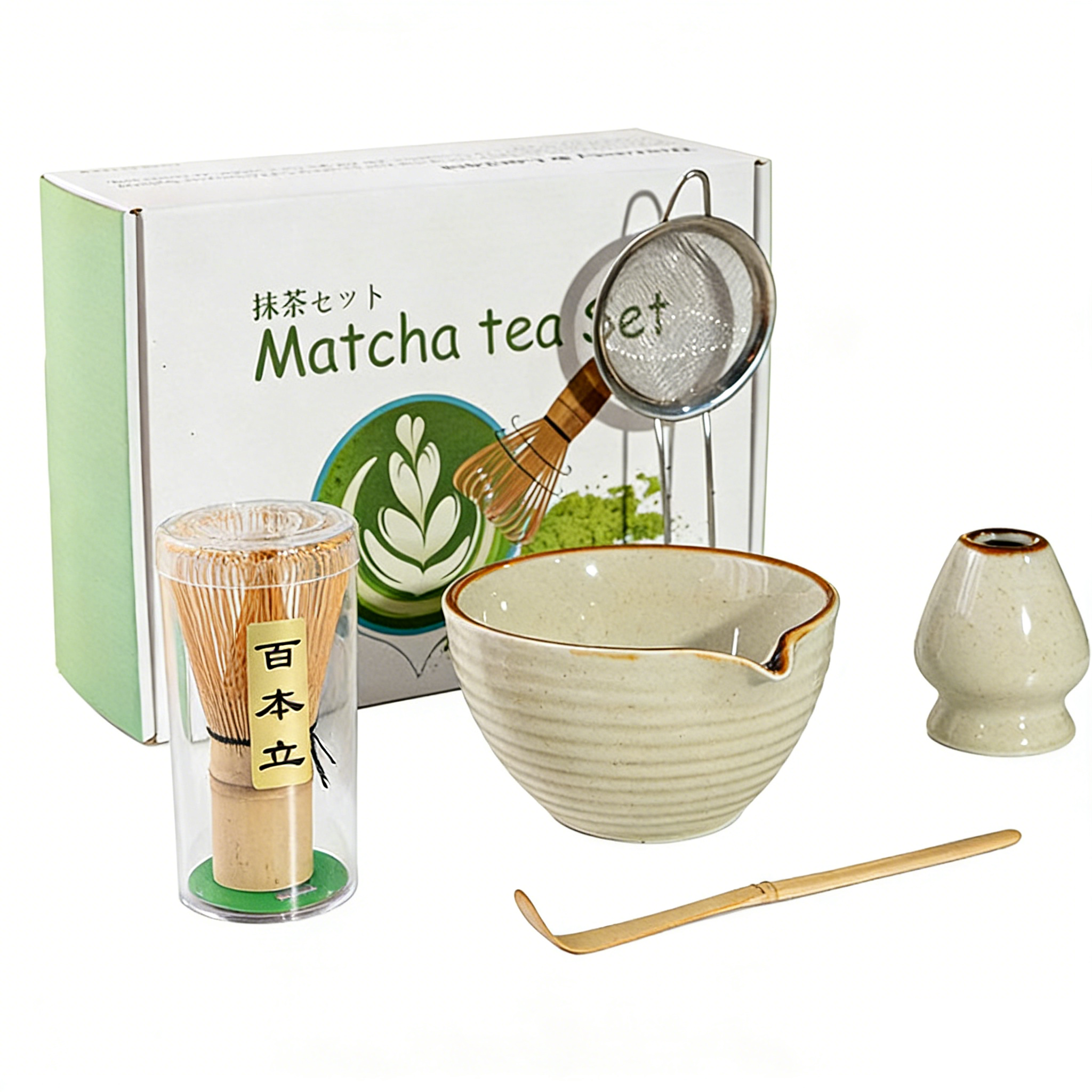 Matcha-tee-set & Fjt-rippstäbchen-set, 5-teilig, Mit Ausgießer (grau) — (weiße Geschenkbox)