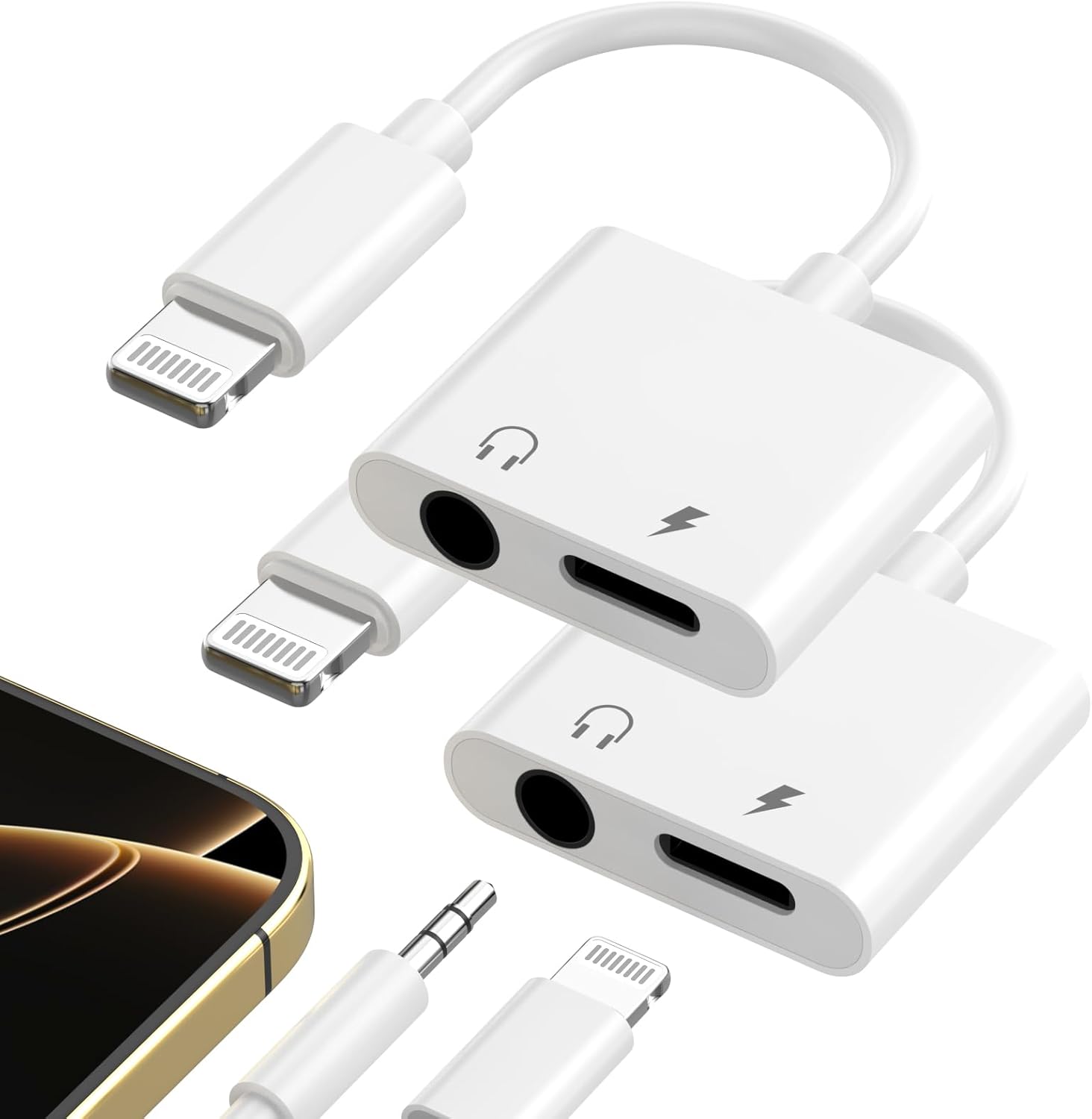 【apple Mfi-zertifiziert】 2er-pack Lightning-auf-3,5-mm-kopfhöreranschluss-adapter Für Iphone. 2-in-1-adapter Mit Ladegerät Und Verteiler.