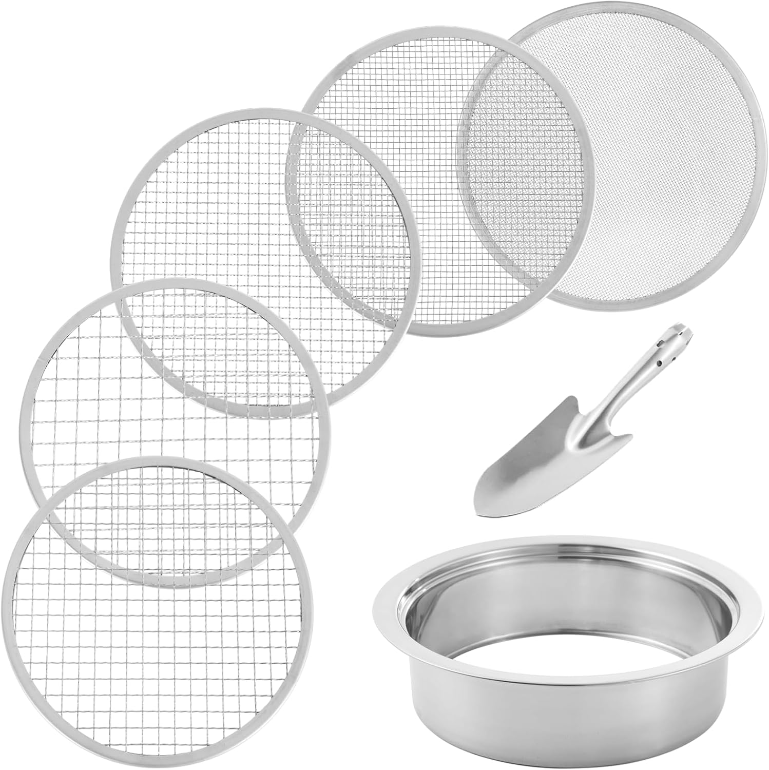 Gartensiebset Aus Edelstahl, 5 Größen, 8 Zoll Durchmesser, Austauschbare Maschenweiten 1/3/6/9/12