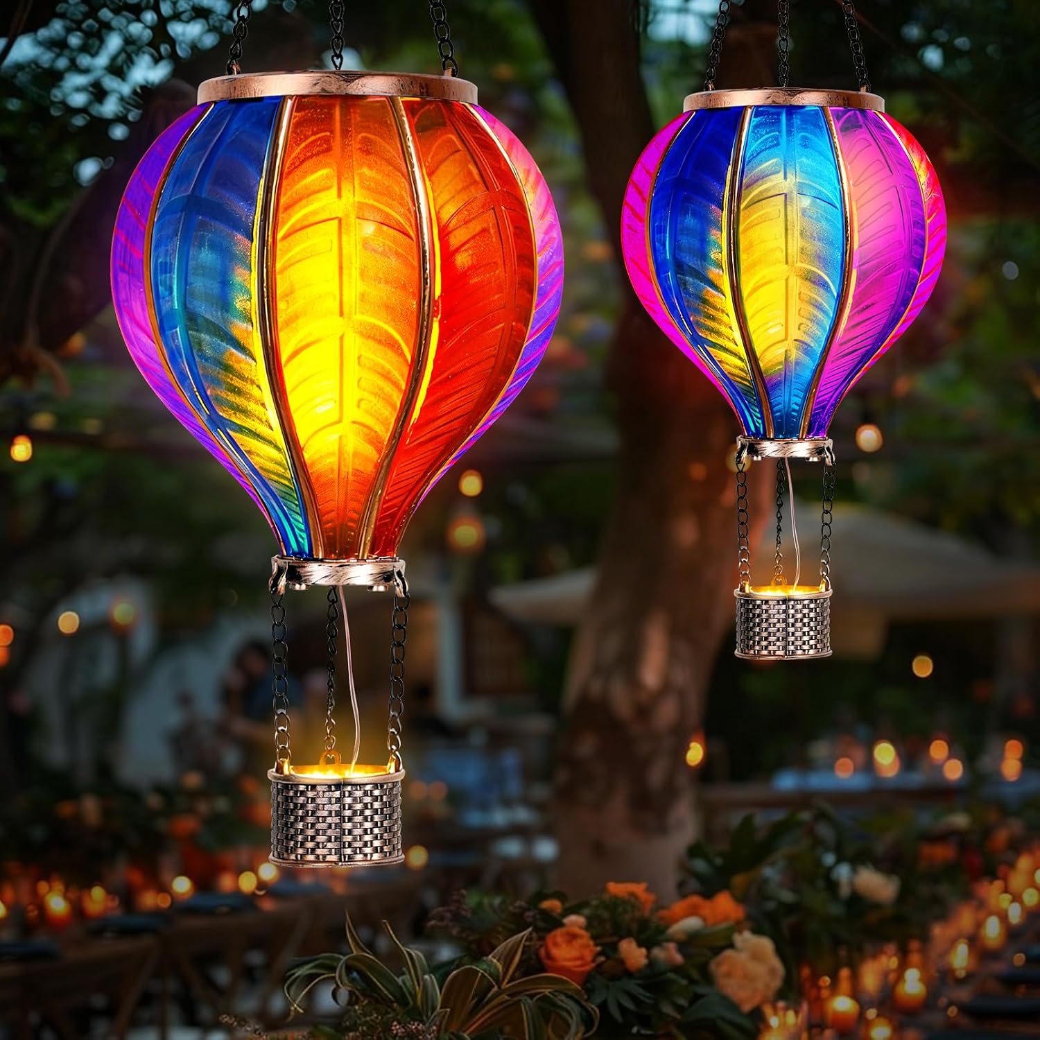 2 Solarlaternen, 46,5 X 13,8 Cm, Heißluftballon-design, Led-flammeneffekt, Für Terrasse Und Garten