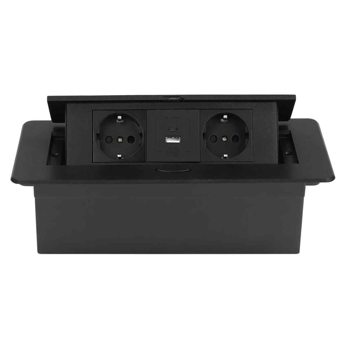 Versenkbare Steckdose Mit 2 Standard-eurosteckdosen + 1 Usb-anschluss + 1 Usb-c-anschluss, Schwarz