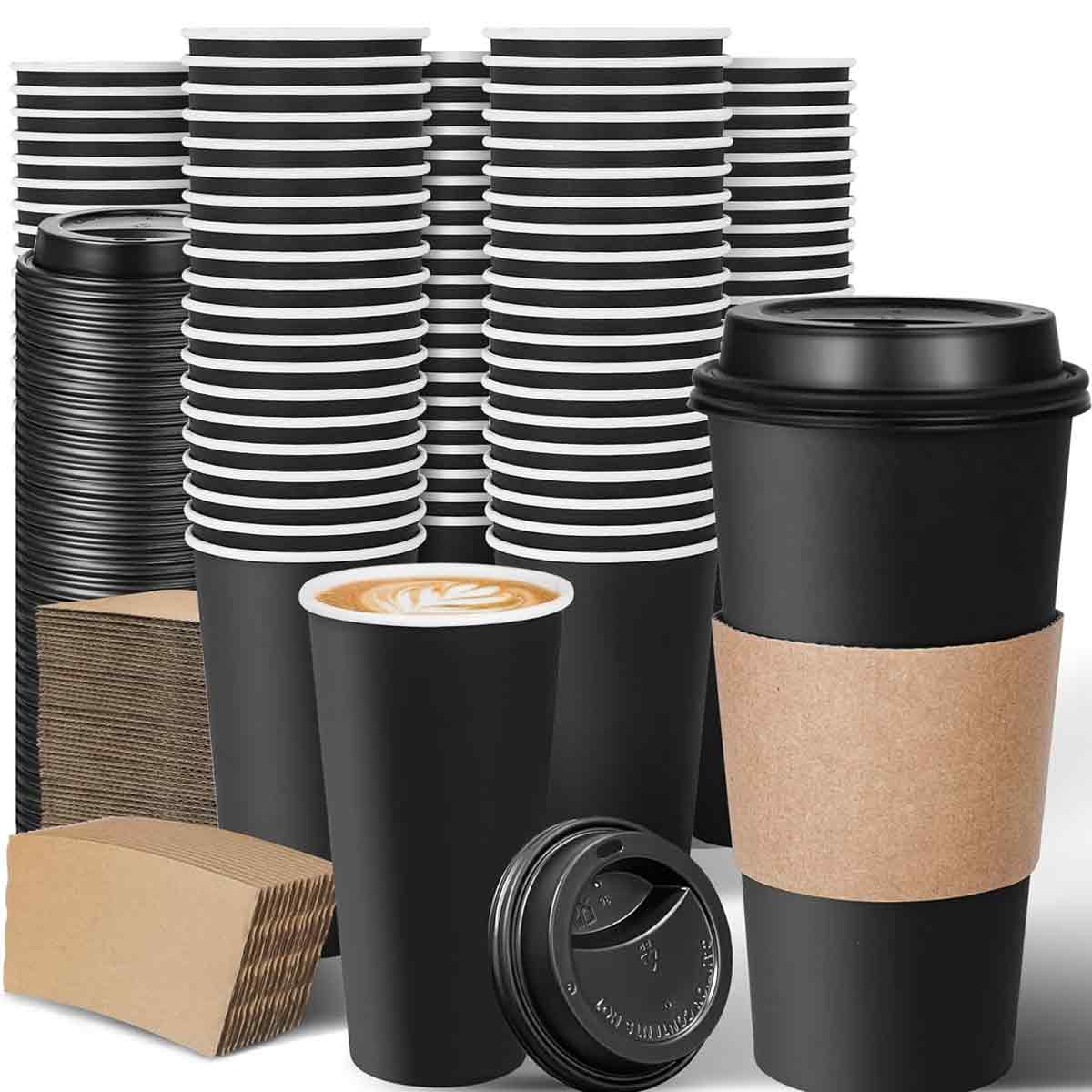 Packung Mit 100 Einweg-kaffeebechern (590 Ml/20 Oz) Mit Deckel Und Manschette, Schwarz, Isoliert Und Auslaufsicher, Perfekt Für...