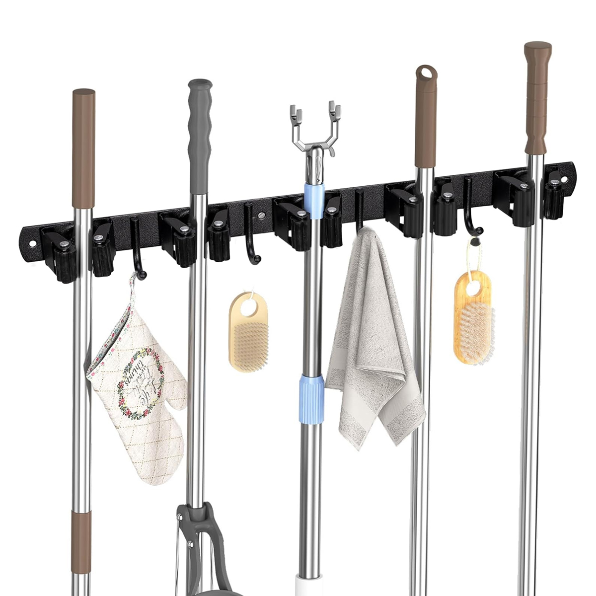 Wandmontierter Besenhalter, 5 Wandbesenhalter Und 4 Haken, Schwarz, Besenhalter Mit Bohr- Oder Klebebefestigung (kein Bohren Erforderlich), Organizer Für