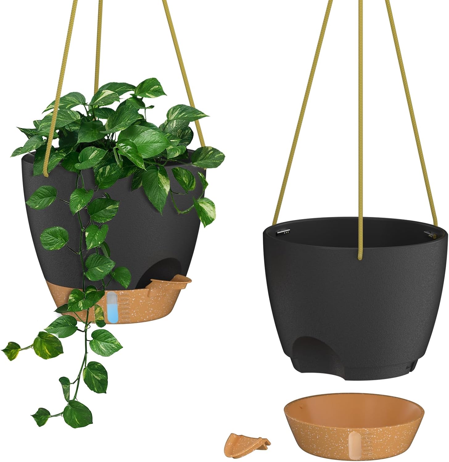 2er-set: Selbstreinigende Hängekörbe Für Blumentöpfe, Schwarz/braun + Baumwollseilkette + 2 X 25 Cm Haken