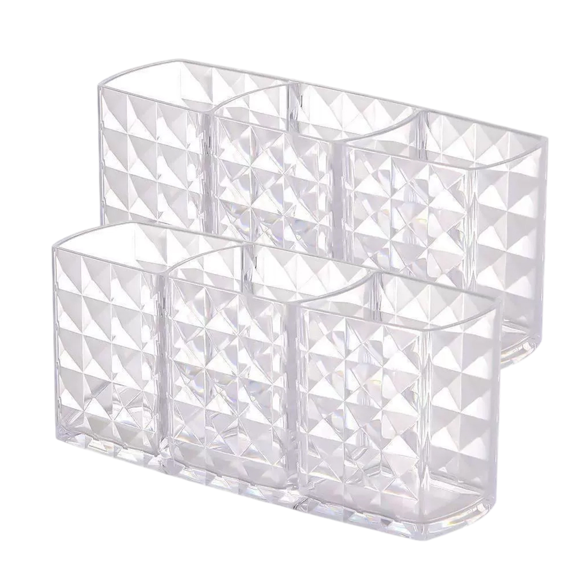 Set Aus 2 Transparenten Acryl-organizern Mit Je 3 Fächern Für Pinsel, Eyeliner Und Lippenstift.