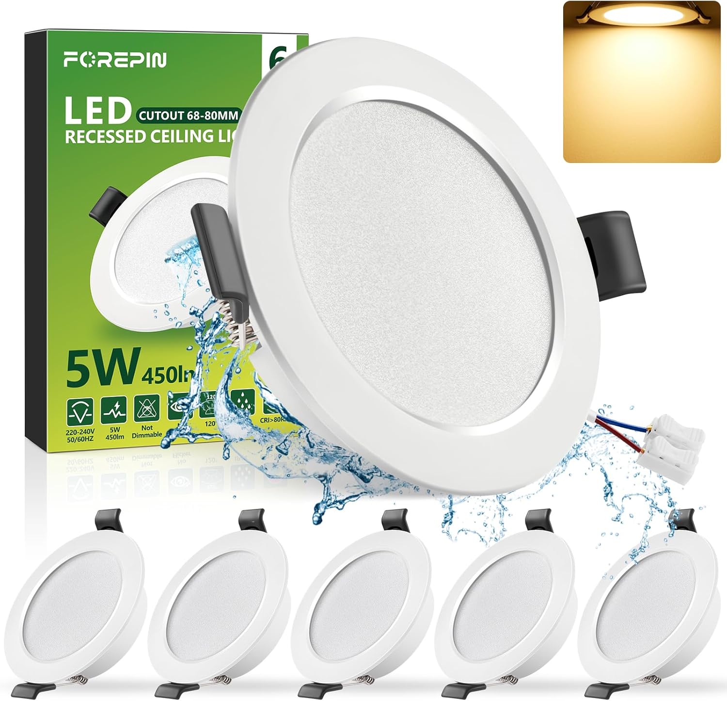Extraflacher Led-einbaustrahler, Kaltweiß 6000k, 5w, Schutzart Ip44, Für Bad, Küche, Wohnzimmer – Ø68–8 Löcher