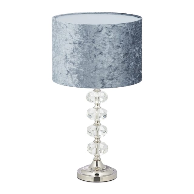 Tischlampe, Samtschirm, Kristallfuß, E14-Fassung, Wohn- & Schlafzimmer, Tischleuchte, h x d: 48 x 26 cm, grau - Relaxdays