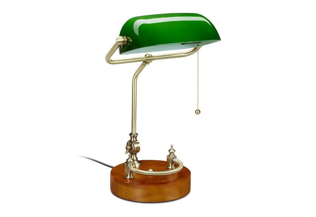 Bankerlampe mit Zugschalter, neigbarem Glasschirm & Holzfuß, Bankerleuchte E27, Schreibtischlampe Retro, grün - Relaxdays