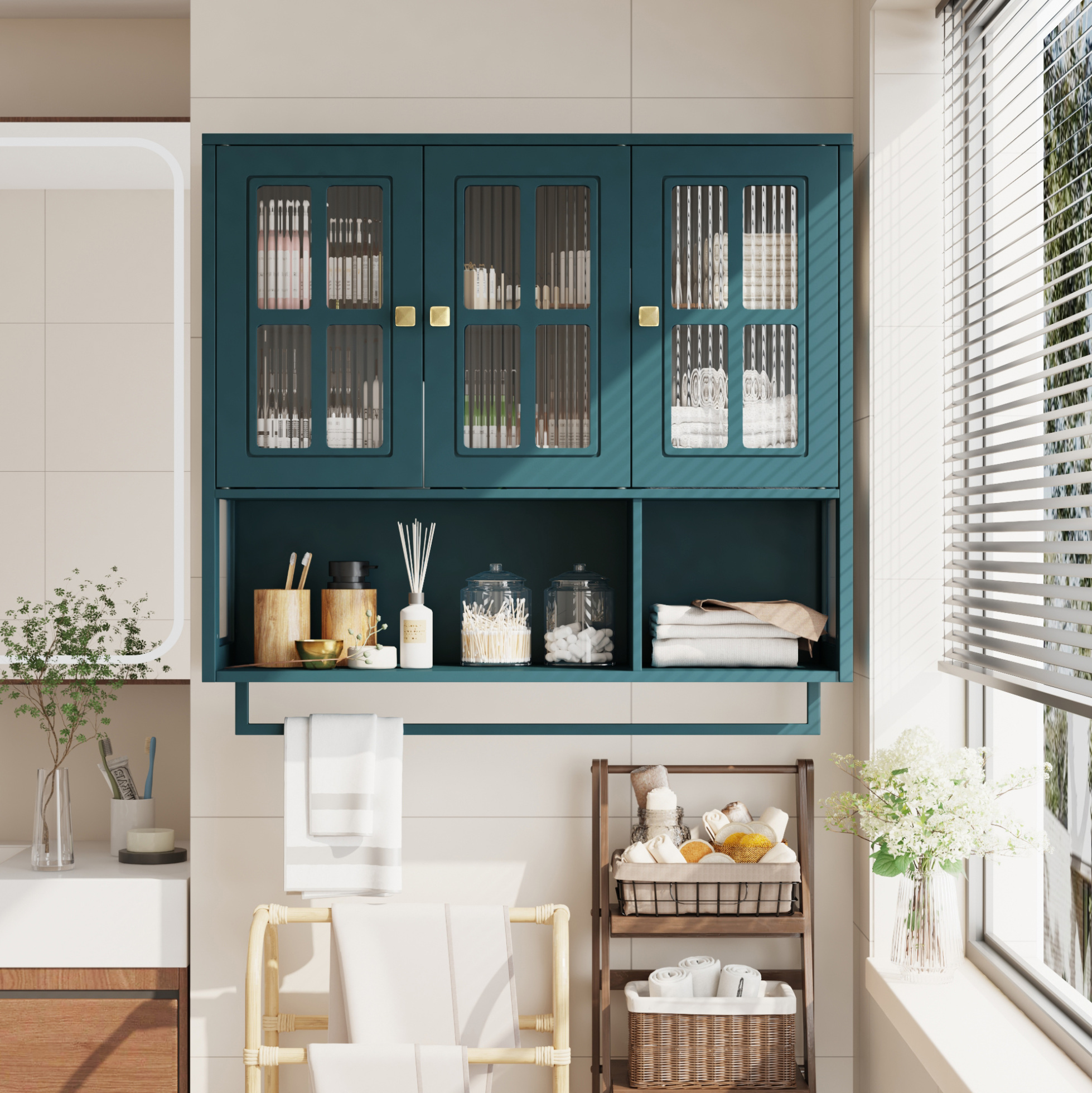 Wandschrank 88x26x82.5 Cm Dunkelgruen Aus Mdf Und Glas Mit Offenen Faechern Und Handtuchhalter