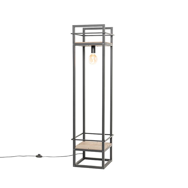 Industrielle Stehlampe schwarz mit Holz - Cage Rack