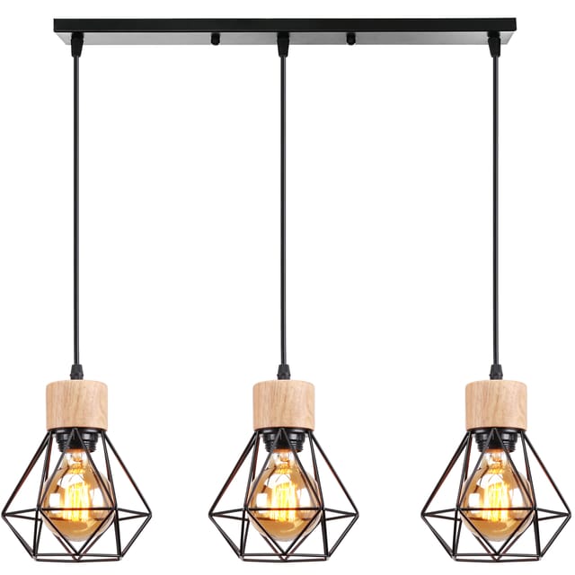 Pendelleuchte aus Holz Metall Vintage Hängelampe Geometrischem Käfig Lampenschirm 3x E27 Deckenbeleuchtung für Flur Wohnzimmer (Schwarz)