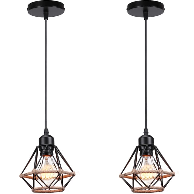 Set mit 2 industriellen Vintage-Kronleuchtern mit Diamantkäfig-Anhänger für den Innenbereich aus Metall mit Hanfseil-Eisen-Deckenleuchte für