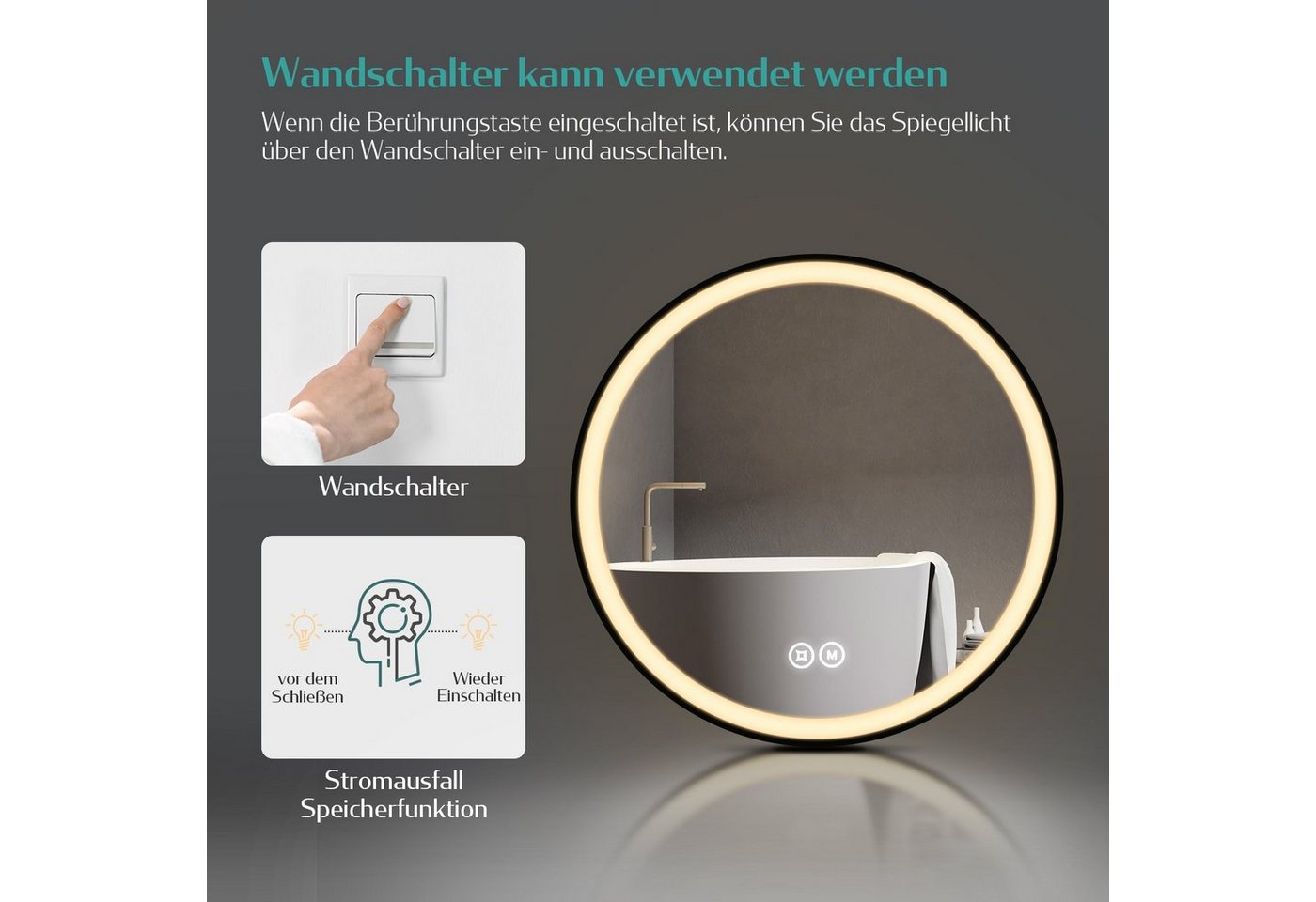 Badspiegel Mit Beleuchtung Badezimmerspiegel Wandspiegel, Stil 4, Ф60cm, Runder Spiegel Mit Touch, 3 Lichtfarben Dimmbar - Emke Bild 2